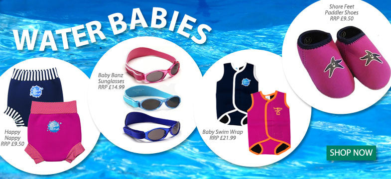 Images advertising baby swimwear including nappies, goggles & shoes